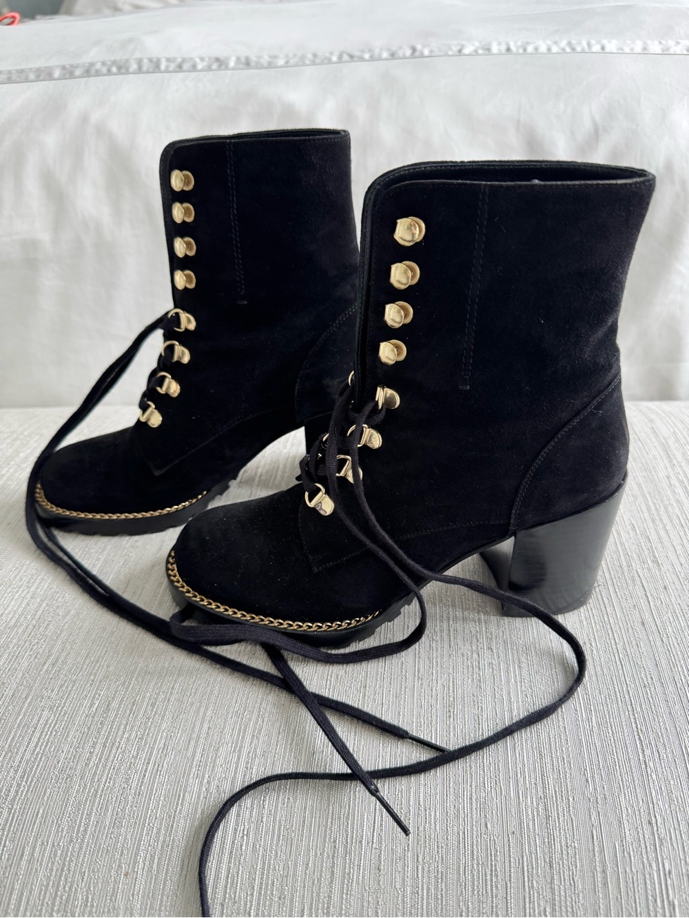 Stuart Weitzman Black Suede Lace-Up Ankle Boots with Gold Hardware